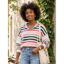 Aerie Striped Quarter Zip Hoodie Waffle Knit Cropped Pullover Multi Color Large