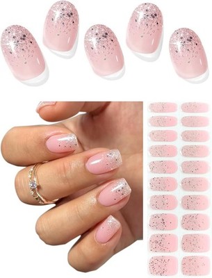 Semi Cured Gel Nagelstreifen (weiße Glitzerspitze), 20 Stück Gel Nagelfolien, Sticker,