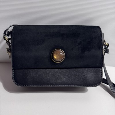 Zara Women Crossbody Bag Black Faux Leather Suede Fox Detail Hardware Faux Stone