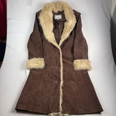 Wilsons Leather Maxima Brown Suede Faux Fur Trim Penny Lane Coat Womens Large