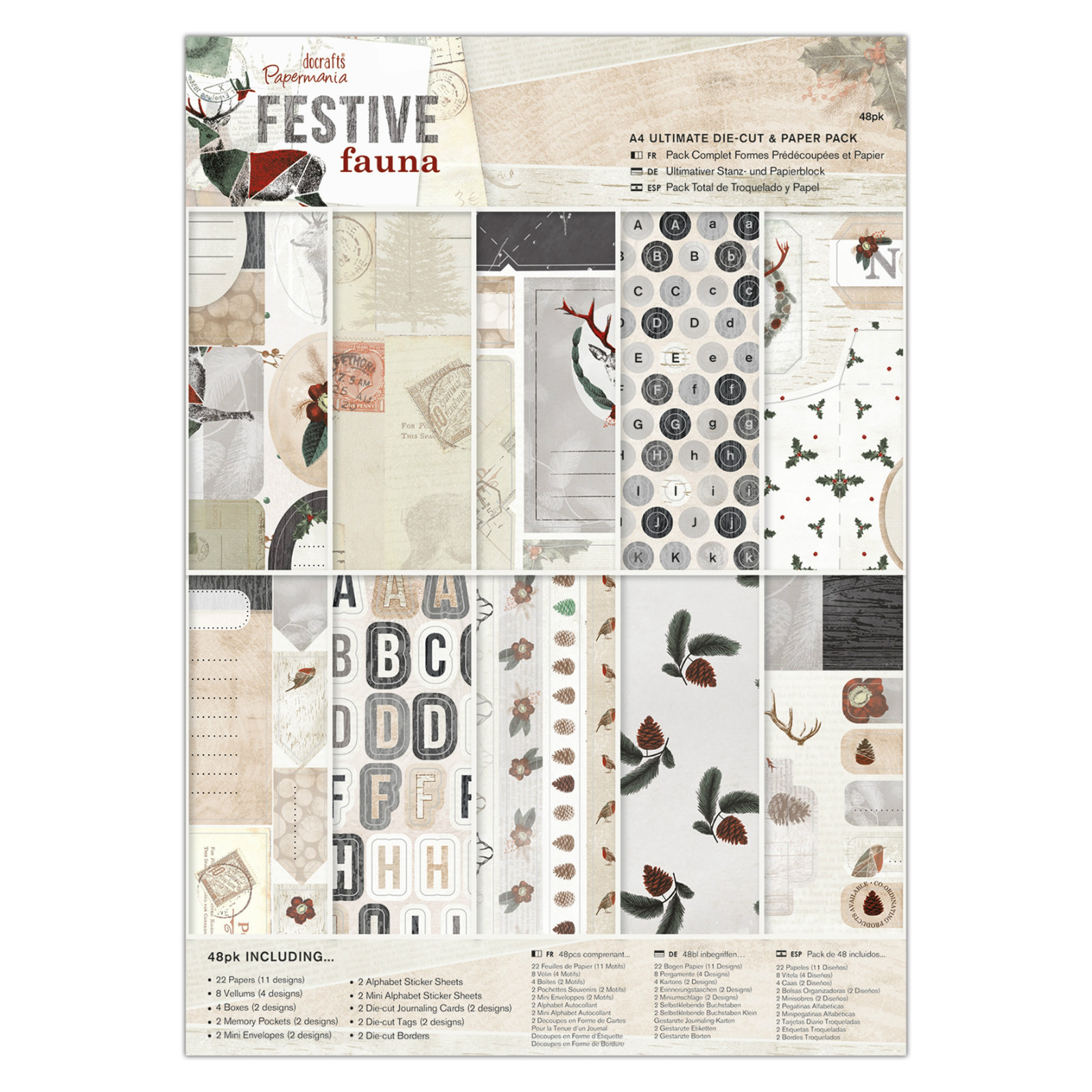 Papermania Ultimate A4 paper 48 sheet part die cut 160gm Christmas Festive Fauna