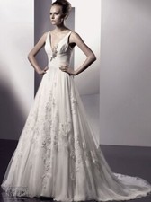 Enzoani Elloise White Chiffon Swarovski Applique Wedding Gown Size 12 1499