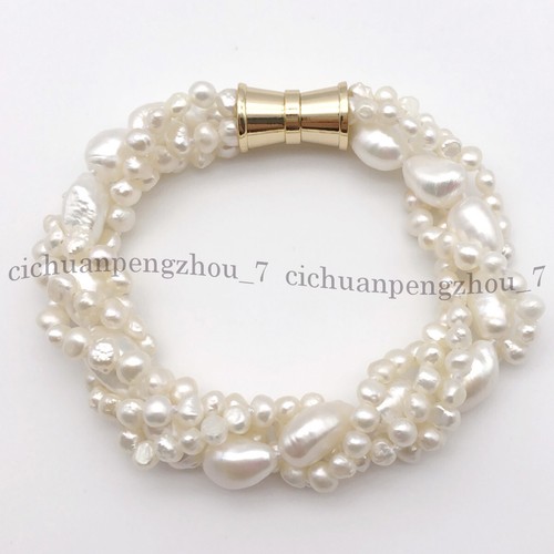 4 Strands Natural White Freshwater Baroque Pearl Bracelet 7-9.5'' 5-6mm 9-10mm - Picture 10 of 12