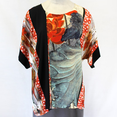 Citron Plus Clothing Red Far East Garden Silk Blend Blouse Tunic Top 1X