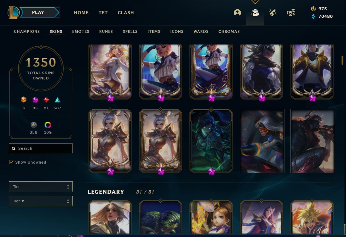 League of Legends EUW All Skins Patch 12.10 (1350 Skins), 70.000+ BE