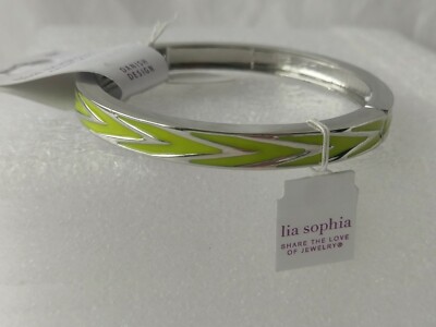 Lia Sophia Stretch Bangle Bracelet Small Silvertone Green Vertex Citron Enamel