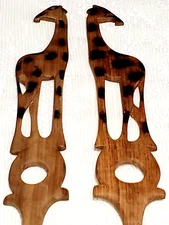 Hand Carved Giraffe Wood Salad Server Set Fork Spoon Utensils Wooden Tribal Vtg