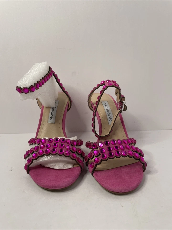 Sandalias Charles David Damas Talla 7.5 Rosa Estrás Gamuza Correa al Tobillo Tacones Foto 2 de 4