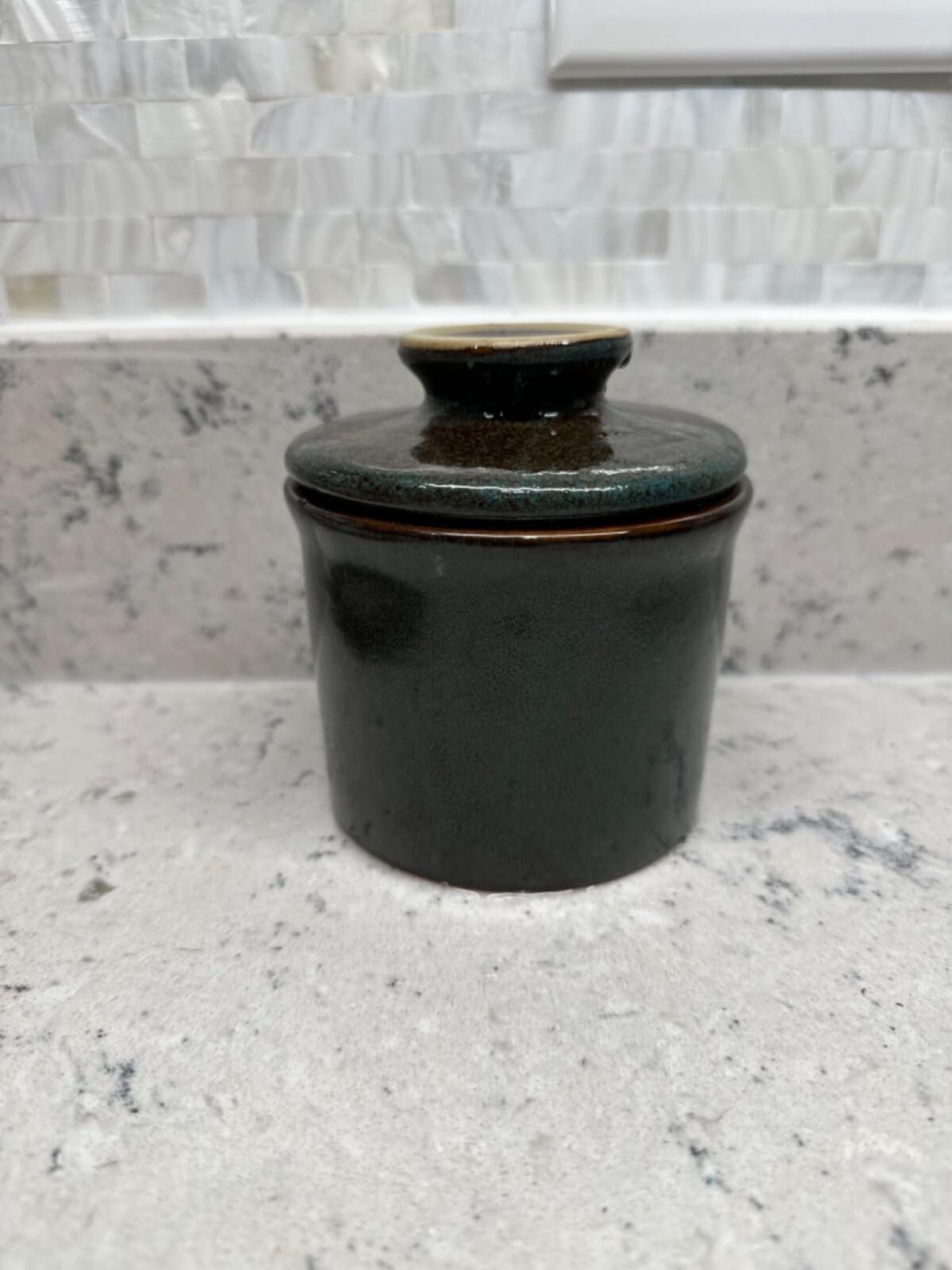 Pottery Butter Keeper Crock Ceramic Dish with Water Line for Countertop Blue New