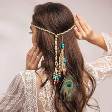 Campsis Indian Peacock Feather Headbands Boho Princess Head Chain Bule Adjust