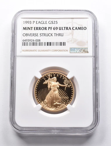ERROR PF69UCAM 1993-P $25 American Gold Eagle 1/2oz Gold OBV Strk Thru NGC *9484