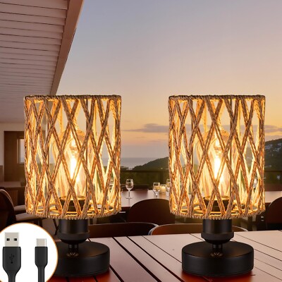 Cordless Outdoor Table Lamps, Small Rattan Boho, Rechargeable Battery 