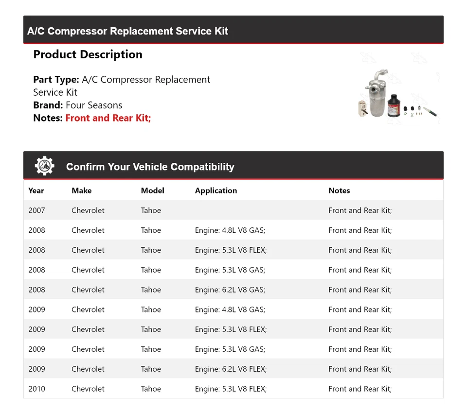 For 2007-2010 Chevrolet Tahoe A/C Compressor Replacement Service Kit 4 Seasons - Image 2 of 4