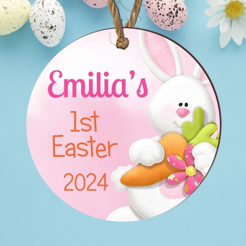 Personalised 1st First Easter Wooden Bauble Baby Girl Bunny Decoration Pink Gift - Picture 7 of 16