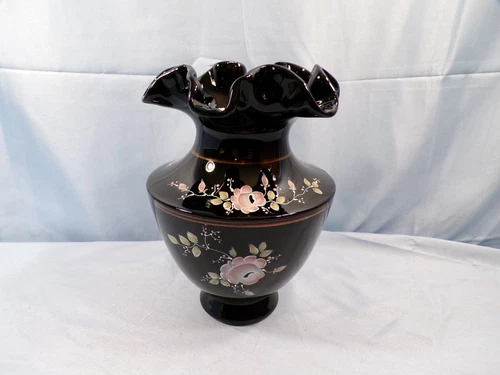 Fenton Hand Painted Black Glass Vase COPPER ROSE Pink Roses Design 7" Tall INV3
