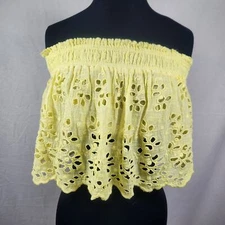 FP One Size Medium Feminine Soft Yellow Off-The-Shoulder Eyelet Lace ElasticTop