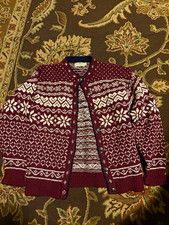 L.L. Bean Mens Fair Isle Made In USA Cardigan Sweater Burgundy/White M