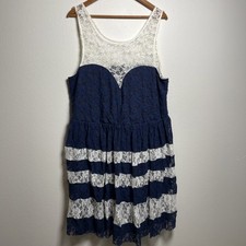 ASOS CURVE Lace Insert Contrast Striped Skater Dress 18  Blue/White Sleeveless