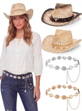 4 Pcs Women Straw Cowboy Hat Set with Shapeable Brim Western Concho Belts B...