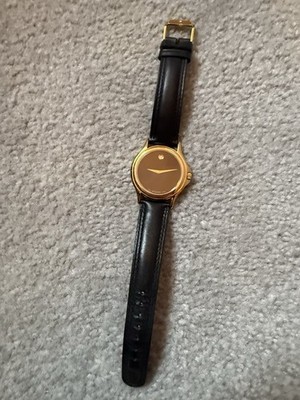 Movado Museum Gold Plated Case Black Dial Leather Strap Quartz Watch Sapphire