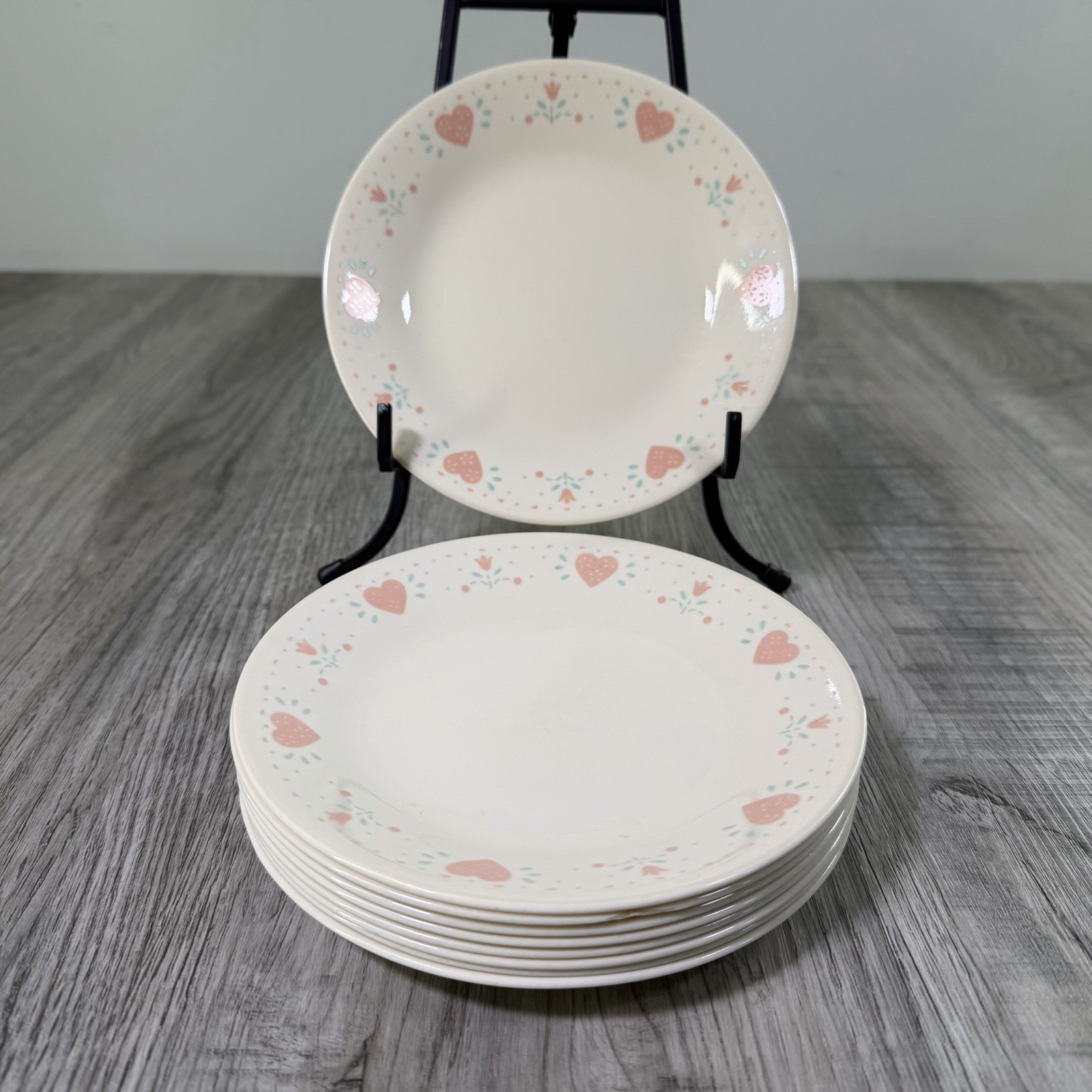 Set of 9 Corelle Forever Yours, Bread Butter Dessert Plate Pink Hearts 6 3/4