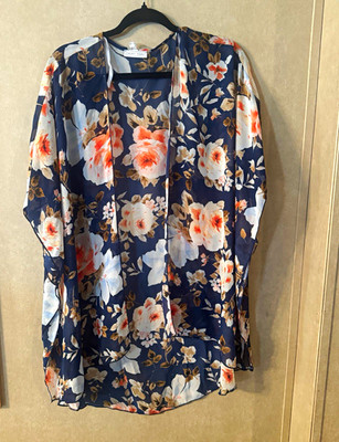 Emory Park Women's XL Navy Floral Chiffon Open Front 3/4 Sleeve Kimono