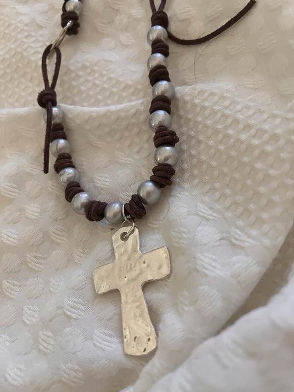 On Sale!  Silver Pearl Dark Chocolate Brown Leather Necklace Free Ship