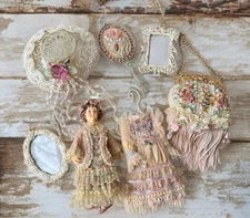 VTG Victorian Shabby Chic Christmas Ornaments Dress Purse Decor Lot 7