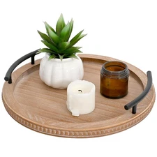 Brown Wooden Beaded Serving Tray with Handle Decorative Rustic Tray for Coffe...