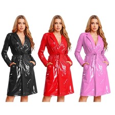 Women Wet Look Patent Leather Overcoat Shiny Coats Bar Long Trench Pvc Jacket