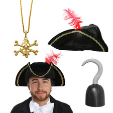 ADULTS PIRATE COSTUME PIRATE HAT HOOK CHAIN MEDALLION BUCCANEER FANCY DRESS