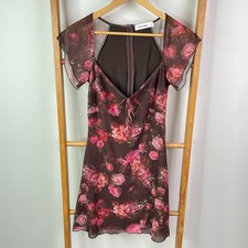 Perfect Stranger Mini Dress Womens 10 Brown Floral Mesh Short Sleeve Square Neck