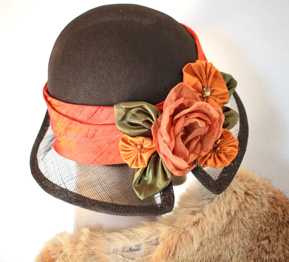 Chapéu estilo vintage década de 1920 aba larga outono inverno marrom e abóbora - Imagem 4 de 4