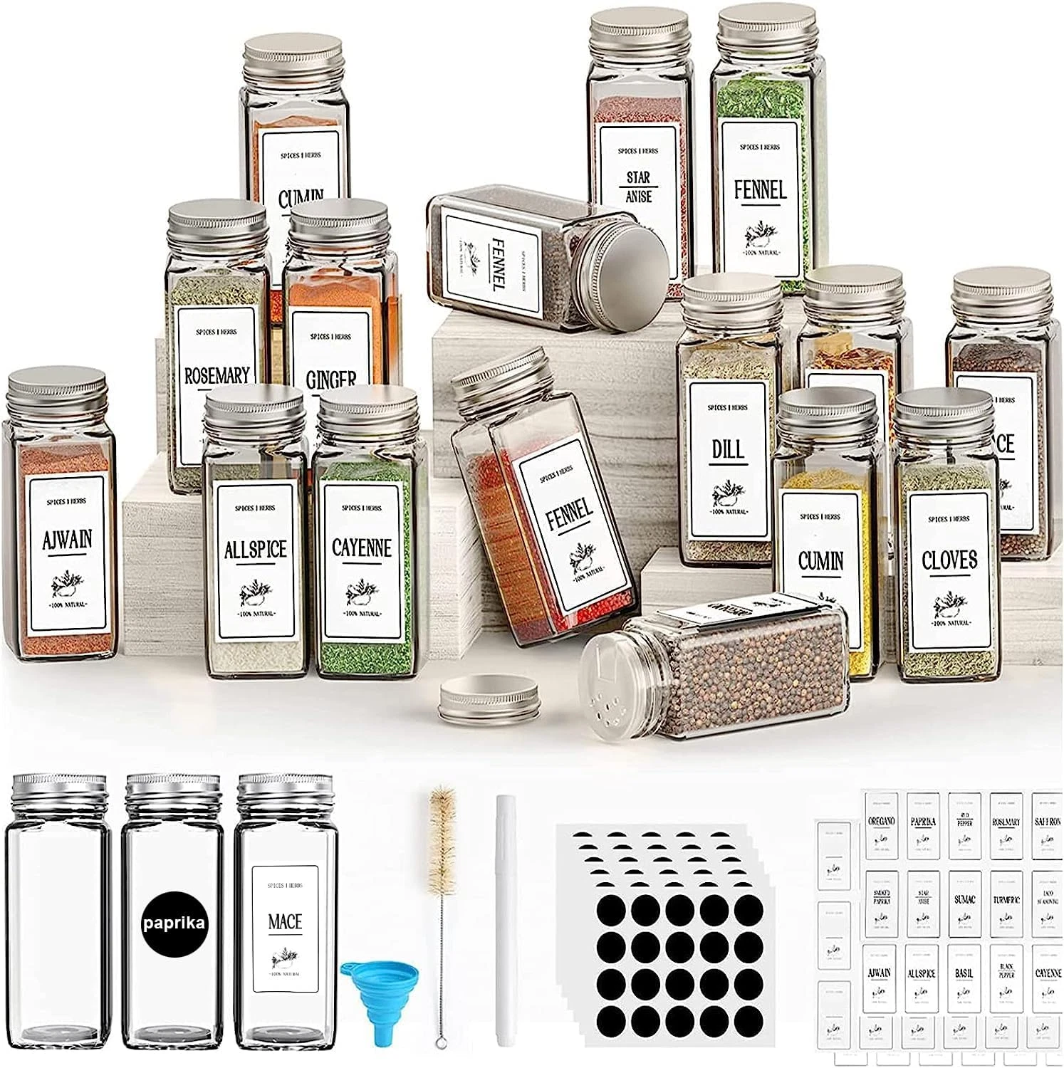 16 Pack Glass Spice Jars 120ml with Shaker Lids, Labels & Kitchen Organizer