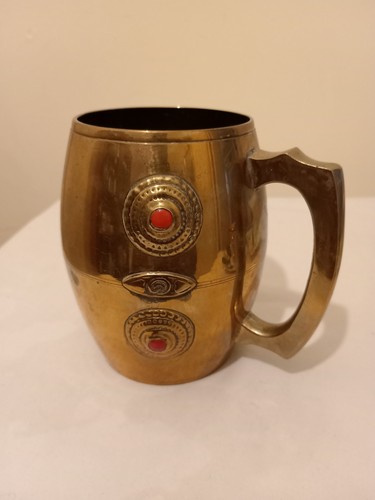 Vintage Solid Brass Beer Mug Tankard with Inset Cabochons Jewellery Stones