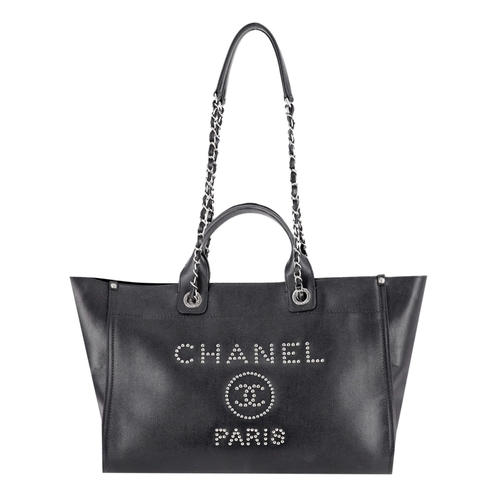 Chanel Deauville Studded Caviar Leather Logo Large Tote Bag