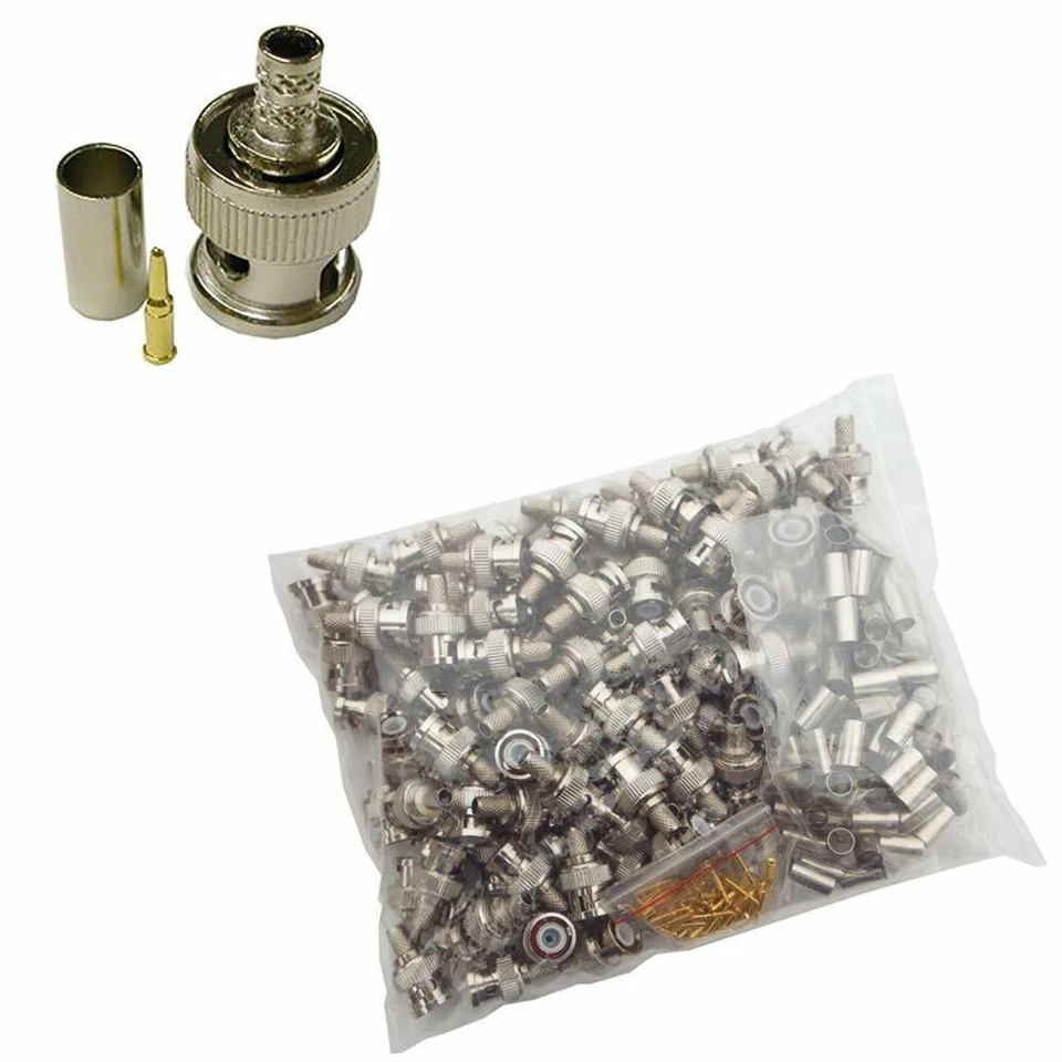 100pcs RG59 BNC Male Crimp On Connector Adapter Coaxial Cable for Security CCTV - Image 2 of 3