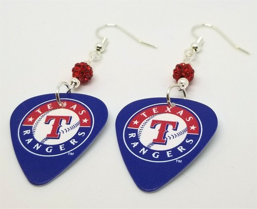MLB Texas Rangers Guitar Pick Earrings with Red Pave Beads - Picture 2 of 3