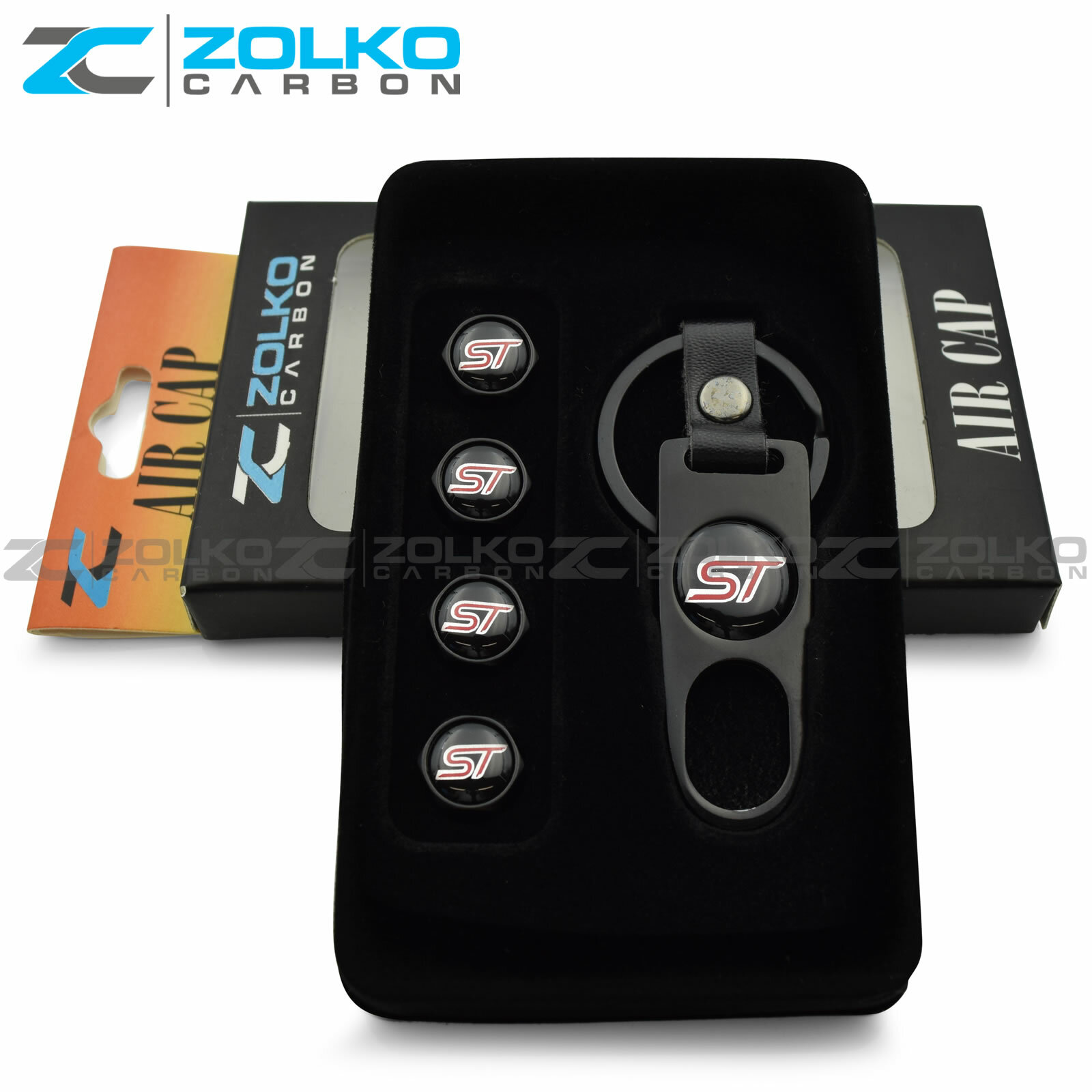 VALVE STEM CAPS + KEYCHAIN WHEEL TIRE BLACK - US SELLER