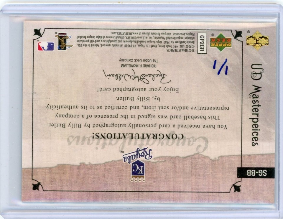 2007 Upper Deck Masterpieces Windsor Green Autograph Billy Butler 1/1 ...