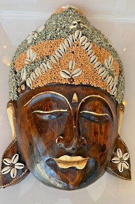 Rare Buddha Mask HandMade with Small Stone And Shells Wooden Face Head Thai Made