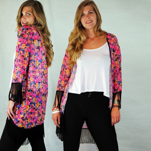 LADIES PINK FLORAL KIMONO CARDIGAN W 