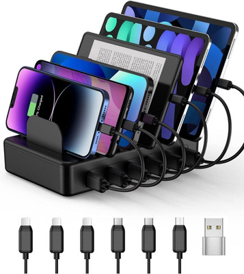 50W 6 Ports Multi Charger Station with 6 Charging Cables, USB Charging Dock for 