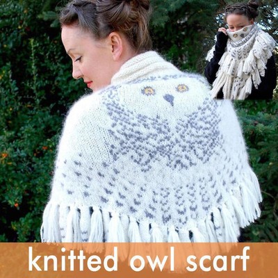 Retro Eulenschal mit weit gespreizten Vogelfederflügeln - Knit Cashmere Feel Neu