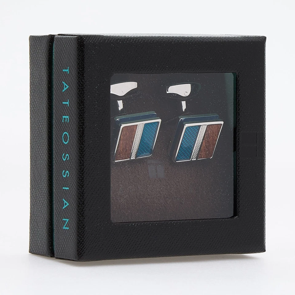 Tateossian Color Argento Gemelli Quadrati Con Sandalo & Blu Smalto Resina I - Immagine 4 di 4