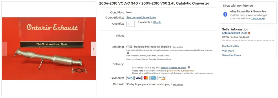 Convertidor catalítico Volvo S40/2005-2010 V50 2004-2010 2,4 L Foto 2 de 3