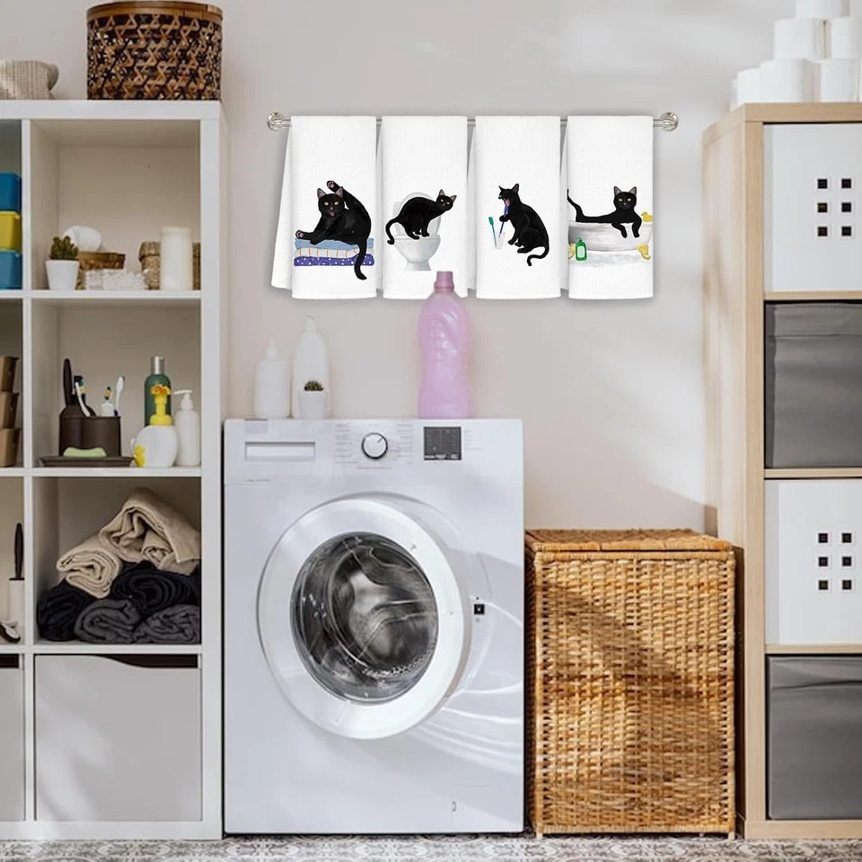 Juego de 4 toallas de mano para gato negro para baño - Toallas de mano para gato para amantes de los gatos, aprox. Foto 2 de 4