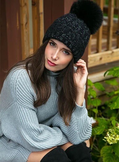 Kyi Kyi Knitted Faux Fur Pom Pom Hat in black and white New  display picture 3