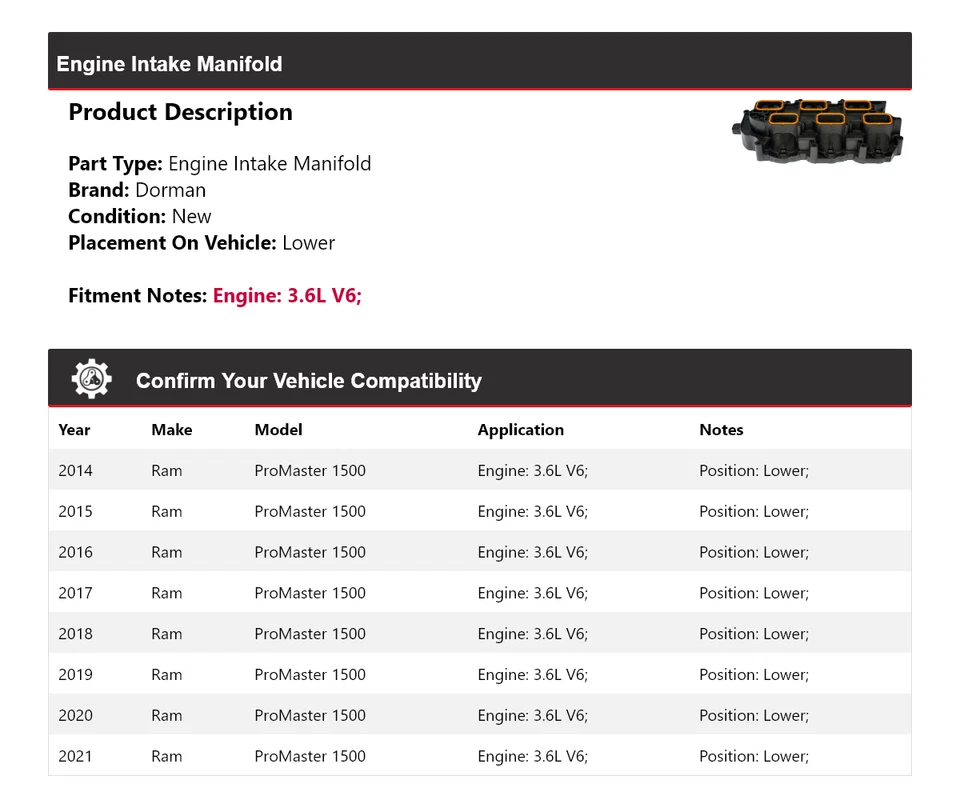 Colector de admisión inferior del motor Dorman V6 3,6 L Ram ProMaster 1500 2014-2021 Foto 2 de 4