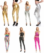 ADULT WOMENS SHINY METALLIC WET LOOK LIQUID STRETCH FOOTLESS LAME LEGGINGS PANTS
